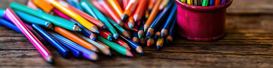Obraz premium Mysterious Maze of Thoughts: A tangled mess of colored pens, pencils, and markers, spilling out of a vintage inkwell on a wooden table.