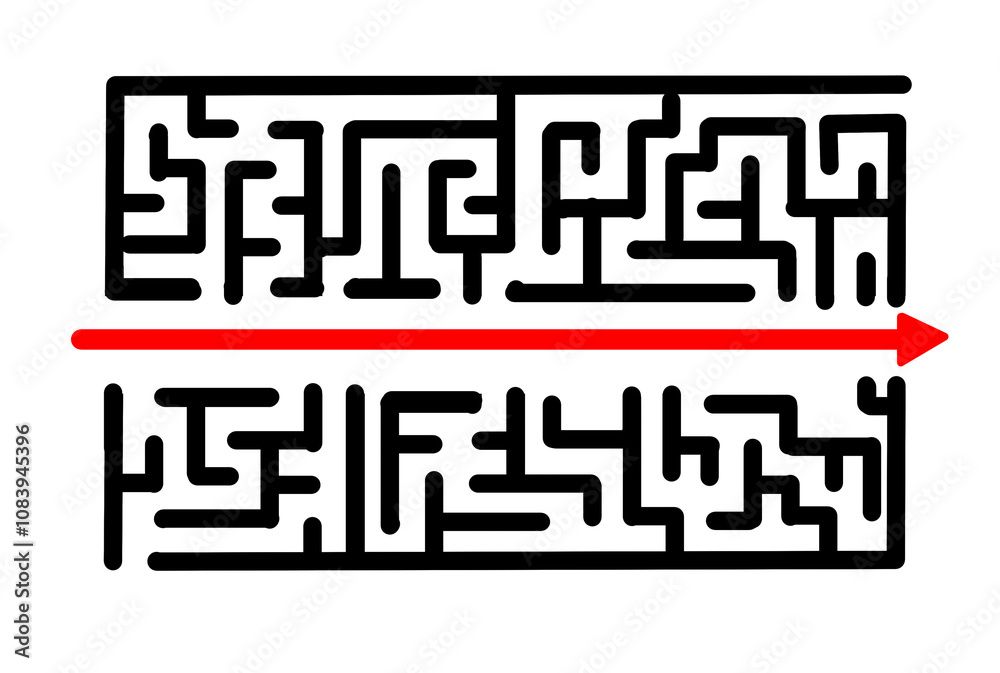 Poster The image shows a basic maze with a bold red arrow pointing horizontally across the middle, on a clean white background. Concept of direction