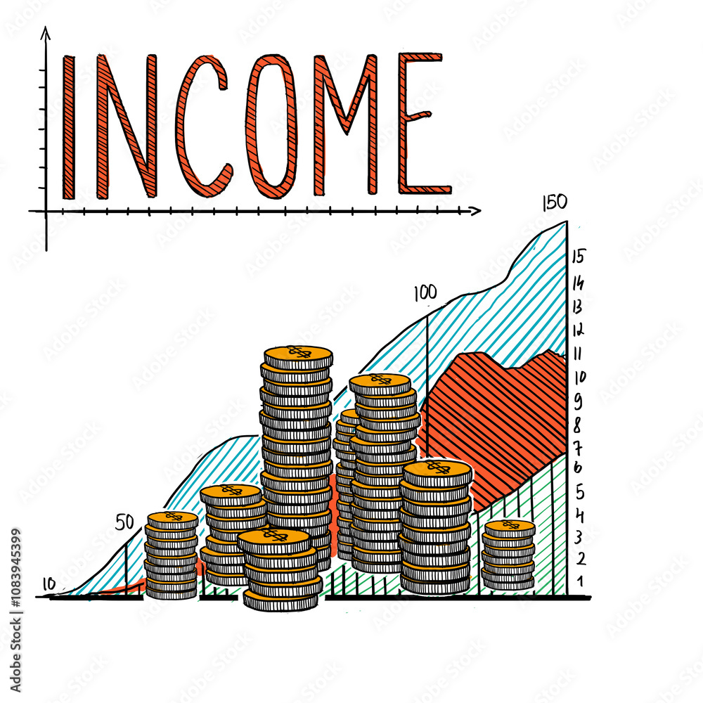Poster hand-drawn illustration of an income graph with coins stacked in front of a grid. white background. 