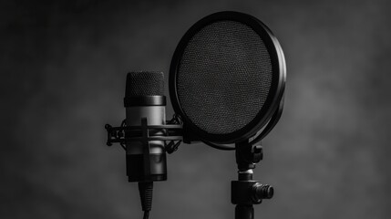 Fototapeta premium Professional audio recording setup featuring a condenser microphone and pop filter on a black background, ideal for music studios, podcasts, and voiceovers