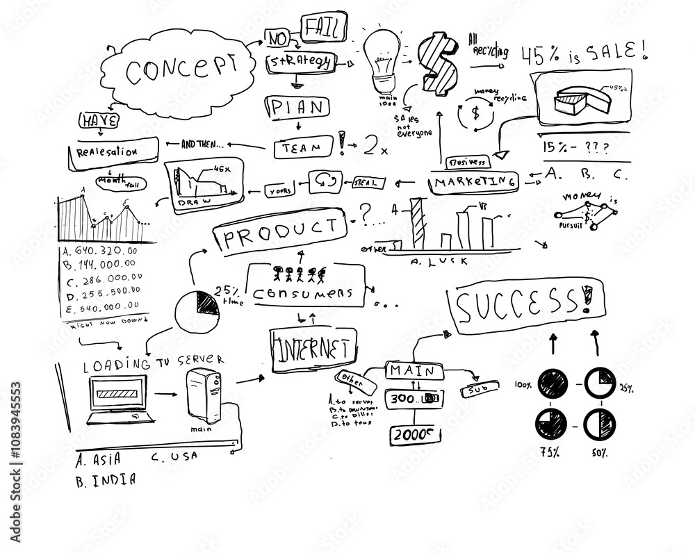 Poster a hand-drawn business strategy and concept sketch featuring various ideas, graphs, charts, and arrow