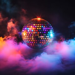 Obraz premium Mirrored disco ball in colorful smoke, vibrant lighting.