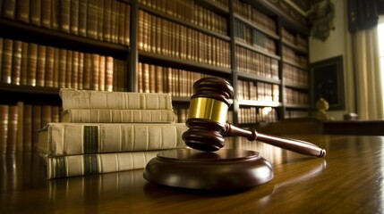 Wooden Gavel on Table with Law Books in Library Setting, Symbolizing Justice and Legal Proceedings in a Classic Interior Space