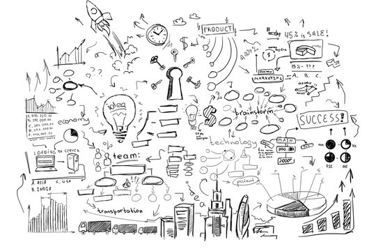 Hand-drawn business and brainstorming sketches with arrows, graphs, and icons arranged on a white background. Concept of planning, teamwork, and growth