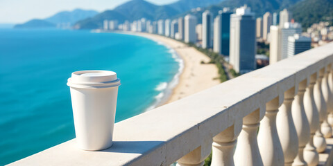 Fototapeta premium Morning cup of coffee in hotel sea on light background. Morning sunlight. A mug with rhombuses