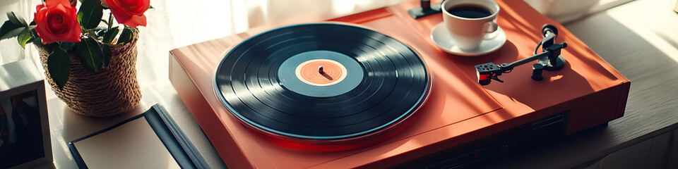 A vintage record player, spinning a vinyl record near a neatly organized desk, with a single cup of coffee and a single rose.