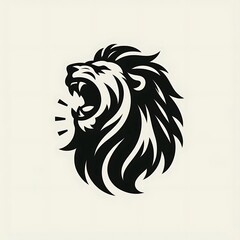Obraz premium Roaring lion head, black and white vector illustration, stylized design.