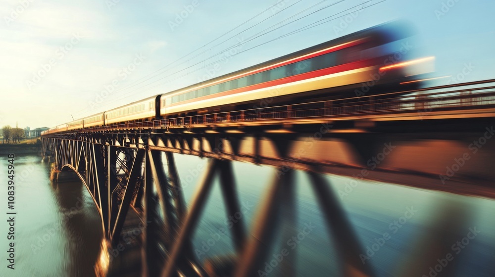 Poster Dynamic Shot of a Train Swiftly Crossing a Bridge Over Water Under a Clear Sky, Capturing Motion and Energy in Urban Landscape