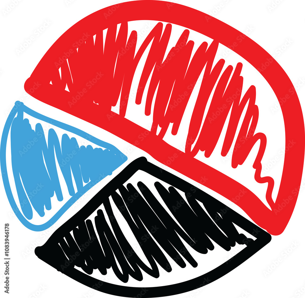 Poster A hand-drawn circular shape divided into three sections filled with red, blue, andscribbles. Simple sketch style on a white background, concept of abstract art