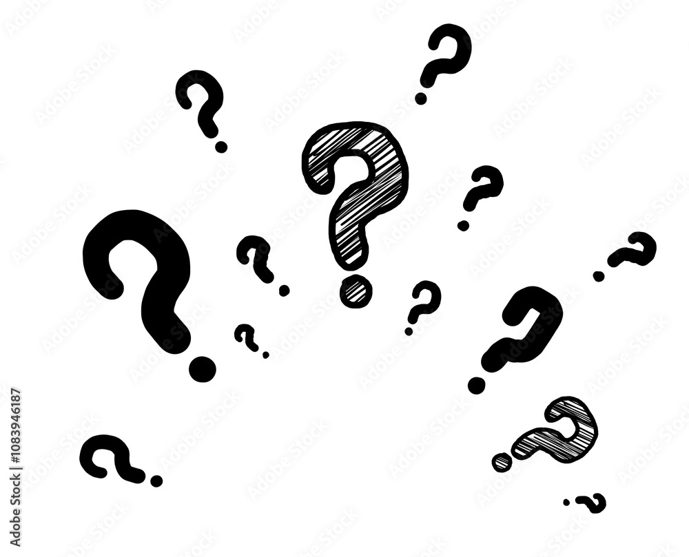 Poster Hand-drawn question marks in different sizes scattered across a white background. Simple sketch style. Isolated and clean design concept for uncertainty or inquiry