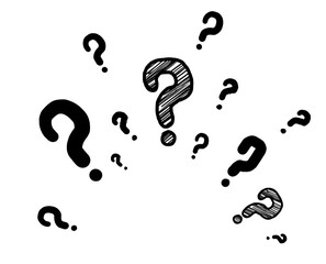 Hand-drawn question marks in different sizes scattered across a white background. Simple sketch style. Isolated and clean design concept for uncertainty or inquiry