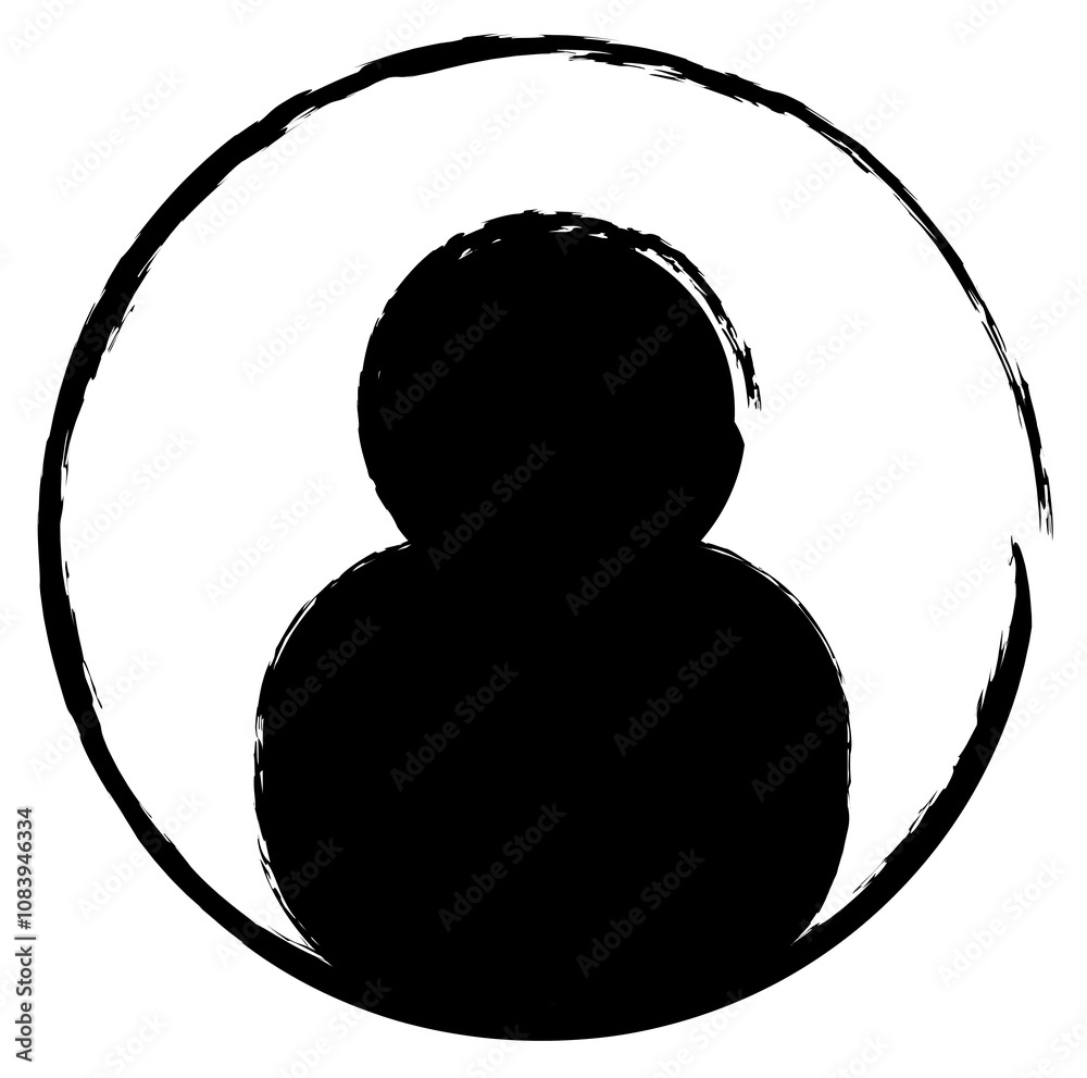 Poster abstract drawing showing a human silhouette inink-style, enclosed by a rough circular border. presen