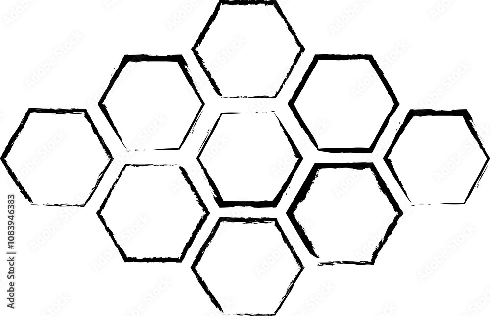 Poster Rough sketch of a hexagonal pattern with uneven, hand-drawn edges. Isolated on a white background. Concept of geometric design, layout, and template