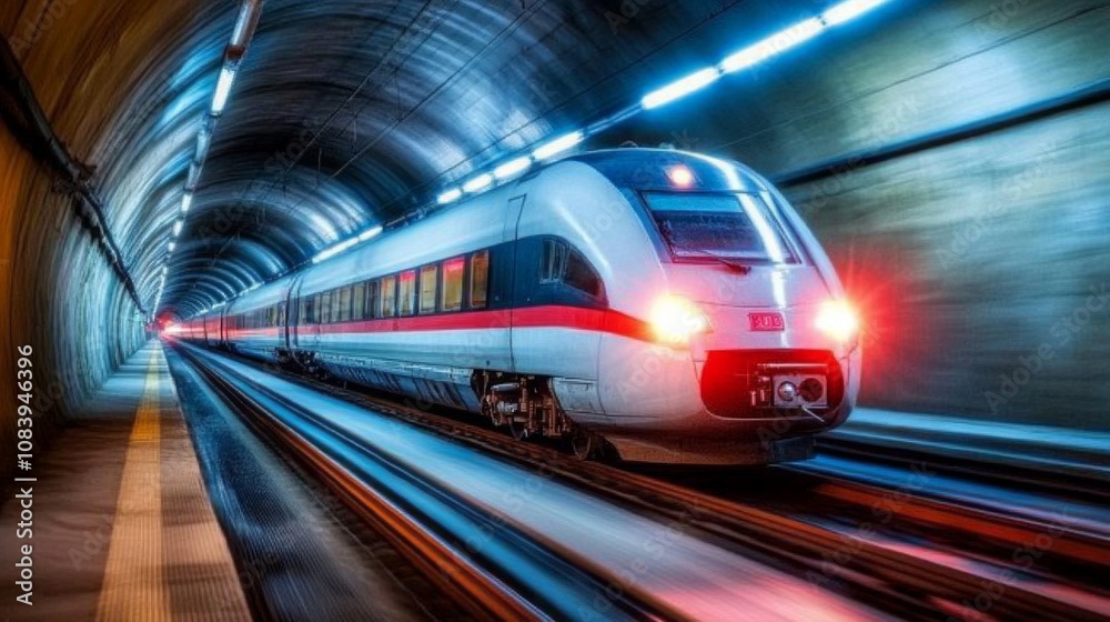 Aufkleber high-speed train traveling through a modern tunnel with dynamic lighting and motion blur, capturing 