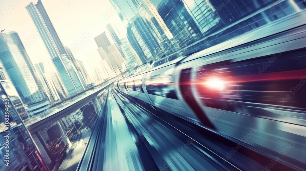 Poster Dynamic Motion of a High-Speed Train Traveling Through a Modern Urban Landscape with Skyscrapers and a Futuristic Atmosphere Enhancing the Urban Experience