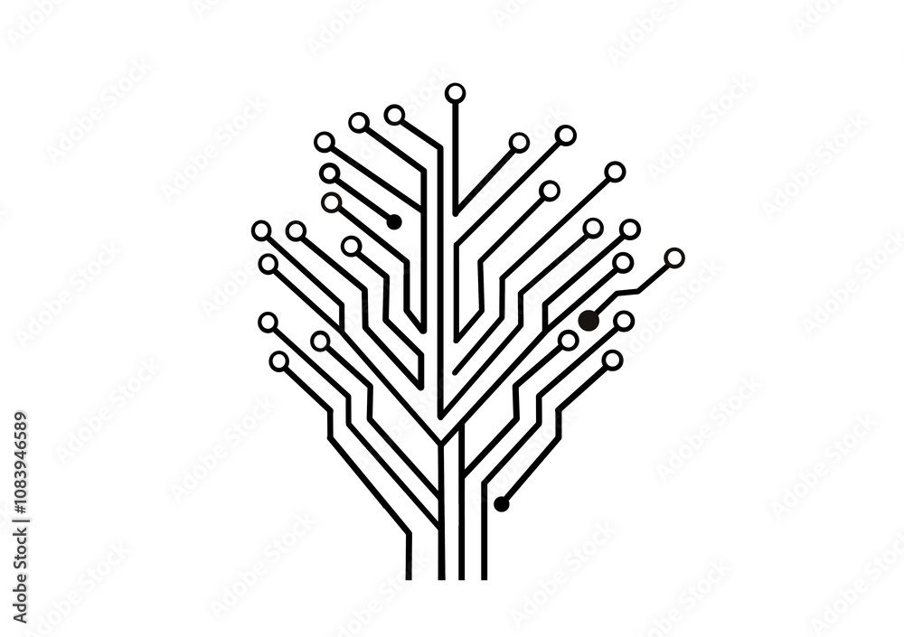 Fototapete Abstract image of branching circuit lines forming a tree-like structure isolated on a white background. Minimalistic design concept of technology and growth