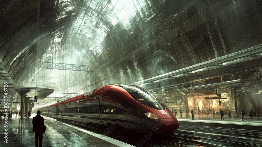 Poster futuristic high-speed train station in a modern urban environment with dynamic lighting and industri