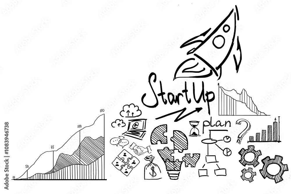 Poster hand-drawn sketches of startup plan elements including a rocket, graphs, charts, and icons on a whit