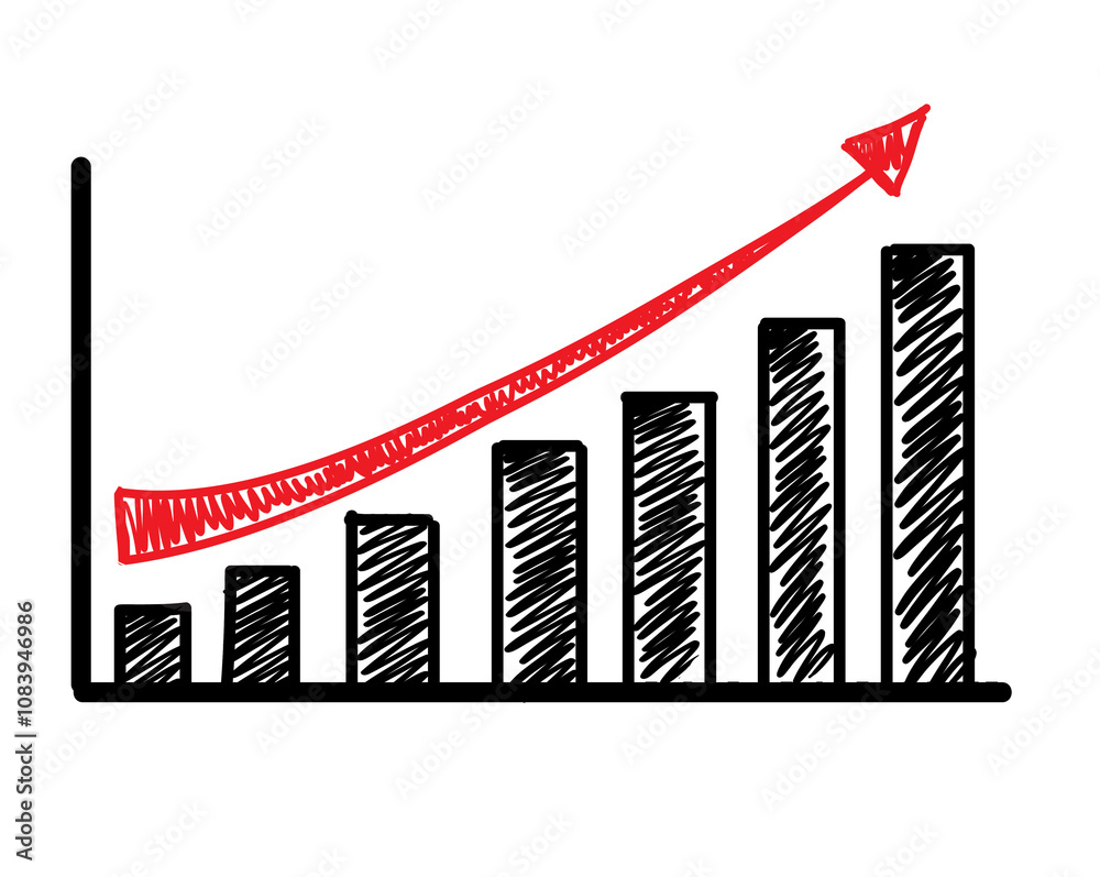 Aufkleber Bar chart in sketch style showing increasing bars with a red upward arrow. Isolated on a plain white background. Represents business growth and success