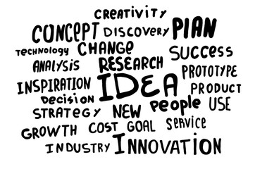 Obraz premium Hand-drawn words like innovation, idea, and research scattered on a white background, illustrating a brainstorming process with various strategic concepts