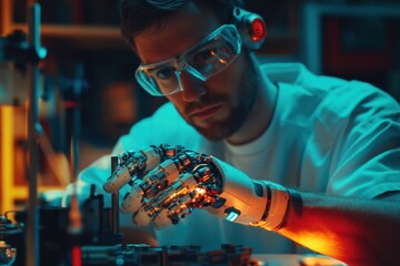 Robotics engineer calibrating and adjusting prosthetic robotic arm in laboratory