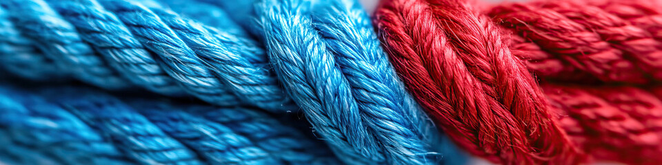 Obraz premium A close-up of intertwining red and blue thread, symbolizing communication.