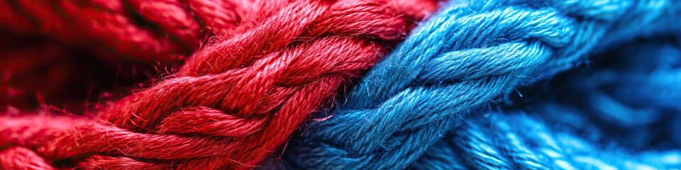 Obraz premium A close-up of intertwining red and blue thread, symbolizing communication.
