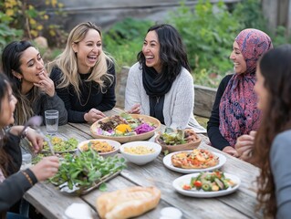 Joyful gathering of friends outdoor setting food and laughter natural environment candid view celebration of friendship