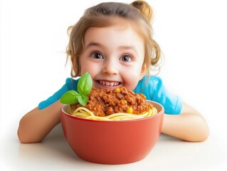Excited child enjoying spaghetti home kitchen food photography bright lighting close-up culinary delight