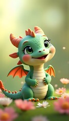 Naklejka premium Cute Baby Dragon with Bright Eyes in Nature