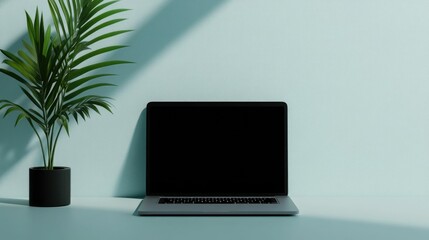 Fototapeta premium Laptop Mockup with Layered Digital Graphics Creating a 3D Immersive Presentation Modern studio setup with laptop on a minimalist desk against a plain background
