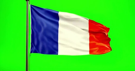 The French flag gracefully waves in the wind against a green screen background, perfect for 4K video stock and compositing projects. - Powered by Adobe