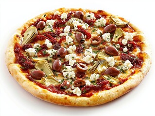 Delicious pizza with olives and artichokes italian cuisine food photography bright background close-up culinary delight