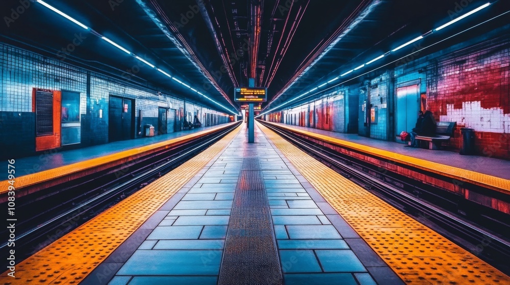 Poster vibrant and atmospheric underground subway station with colorful lighting and empty platform at nigh