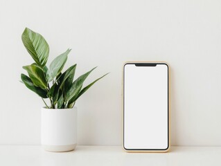 Minimalist social media ad mockup displayed on a modern smartphone screen with green plant decor on a clean white office workspace background  Concept for digital marketing advertising layout