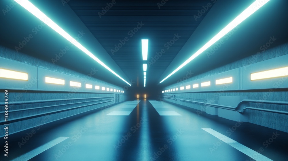 Poster futuristic corridor with neon lights illuminating a modern underground tunnel creating a sci-fi atmo