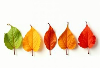 Naklejka premium Colorful autumn leaves in a row, ranging from green to orange and red, on a white background