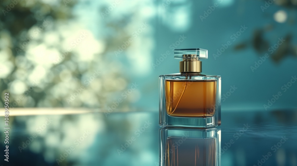 Poster elegant glass perfume bottle with amber liquid reflecting natural light on a glass surface in a calm