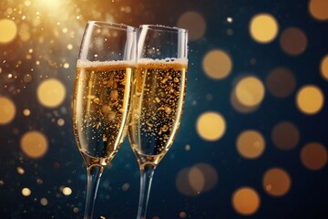Two glasses of champagne on a festive bokeh background. Merry Christmas and happy new year.
