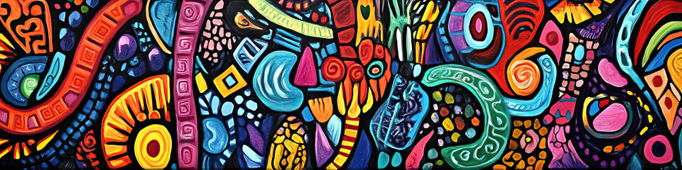 Obraz premium Canvas of Life: A vibrantly colored painting, filled with symbols, shapes and patterns, celebrating the richness and diversity of existence.