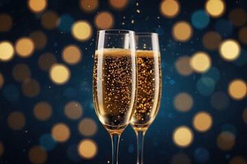 Two glasses of champagne on a festive bokeh background. Merry Christmas and happy new year.
