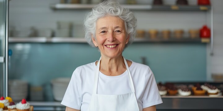 A woman with white hair and a white apron is smiling in front of a bakery. She is wearing a white shirt and apron
