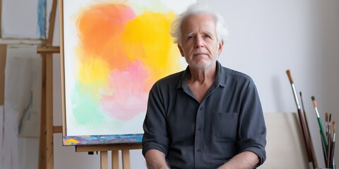 Fototapeta premium A man sits in front of a painting with a brush in his hand. The painting is colorful and abstract, with a mix of yellow, pink, and blue hues. The man is a painter