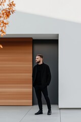 Fototapeta premium A man in a black jacket stands in front of a wooden door. He is wearing black pants and black shoes
