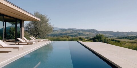 Fototapeta premium A large pool with a long, straight edge and a view of the mountains. The pool is surrounded by lounge chairs and a patio