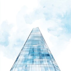 Fototapeta premium Minimalist Skyscraper with Clean Lines on White Background, Modern Architectural Design Featuring Abstract Watercolor Effects Stands Against Negative Space