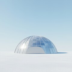 Obraz premium Futuristic Dome-Shaped Building with Metallic Texture and Gleaming Glass Windows Set Against a Clear Sky on a Minimalistic Landscape