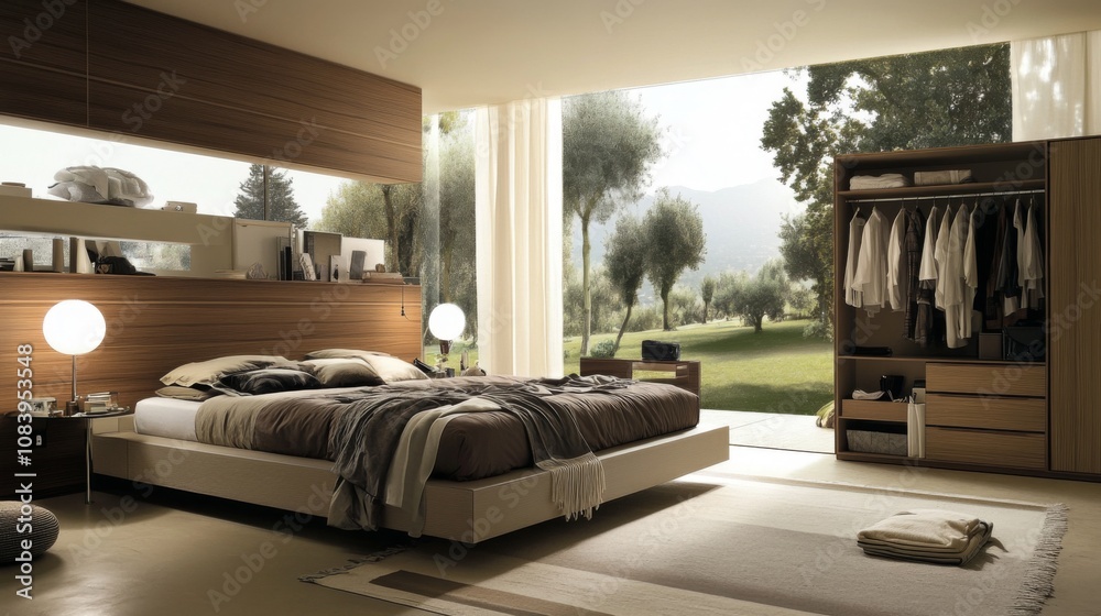 Poster Modern and Minimalist Design Bedroom with Large Windows Offering Scenic Views of Nature and Elegant Furniture for a Tranquil and Stylish Living Space