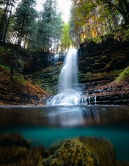 Obraz premium Cascada en medio de un bosque frondoso, vista desde abajo