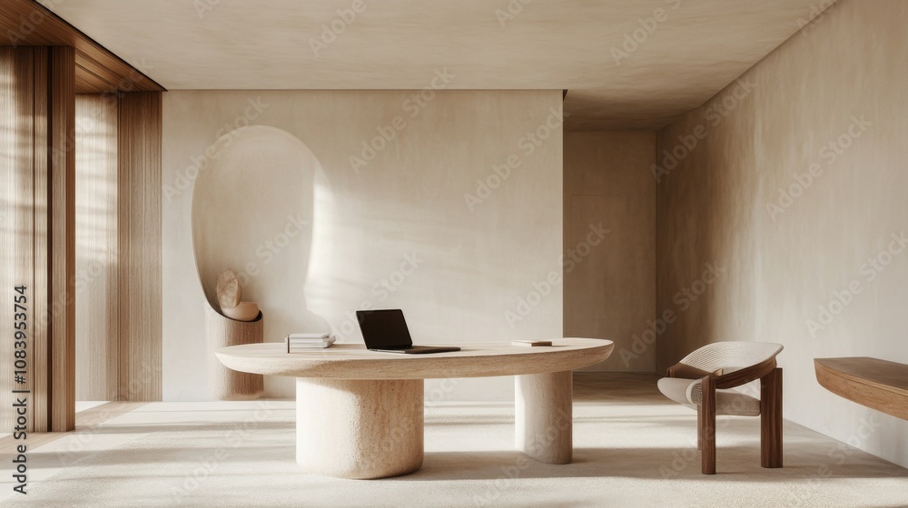 Poster Minimalist interior design featuring a spacious office setup with a unique round table and modern chair in a serene, neutral color palette for a contemporary workspace atmosphere